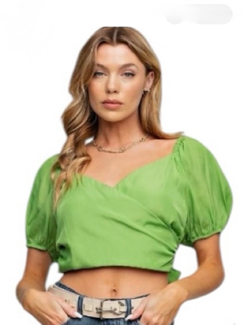 Bright Green Puff-Sleeve Cropped Wrap Top by